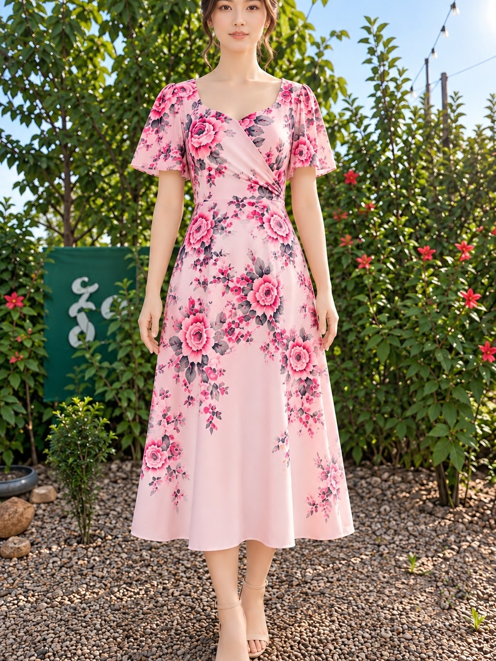 Pink Floral Wrap-Style Midi Dress
